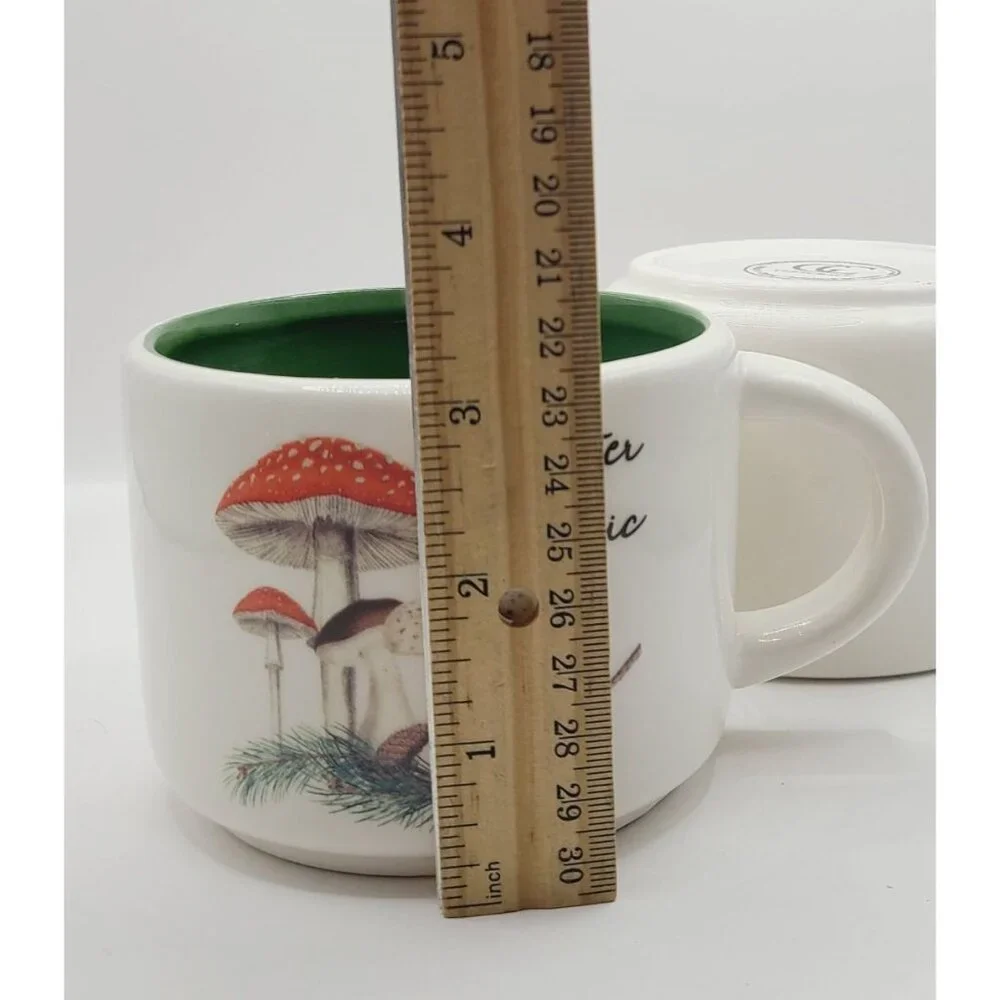 Mushroom Coffee Cups Set Of 2 Ceramic "Winter Magic" Cottage Core Green Interior - Picture 10 of 10